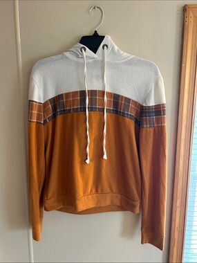 Self Esteem Women's Hooded Pullover - White and Rust Plaid Accent